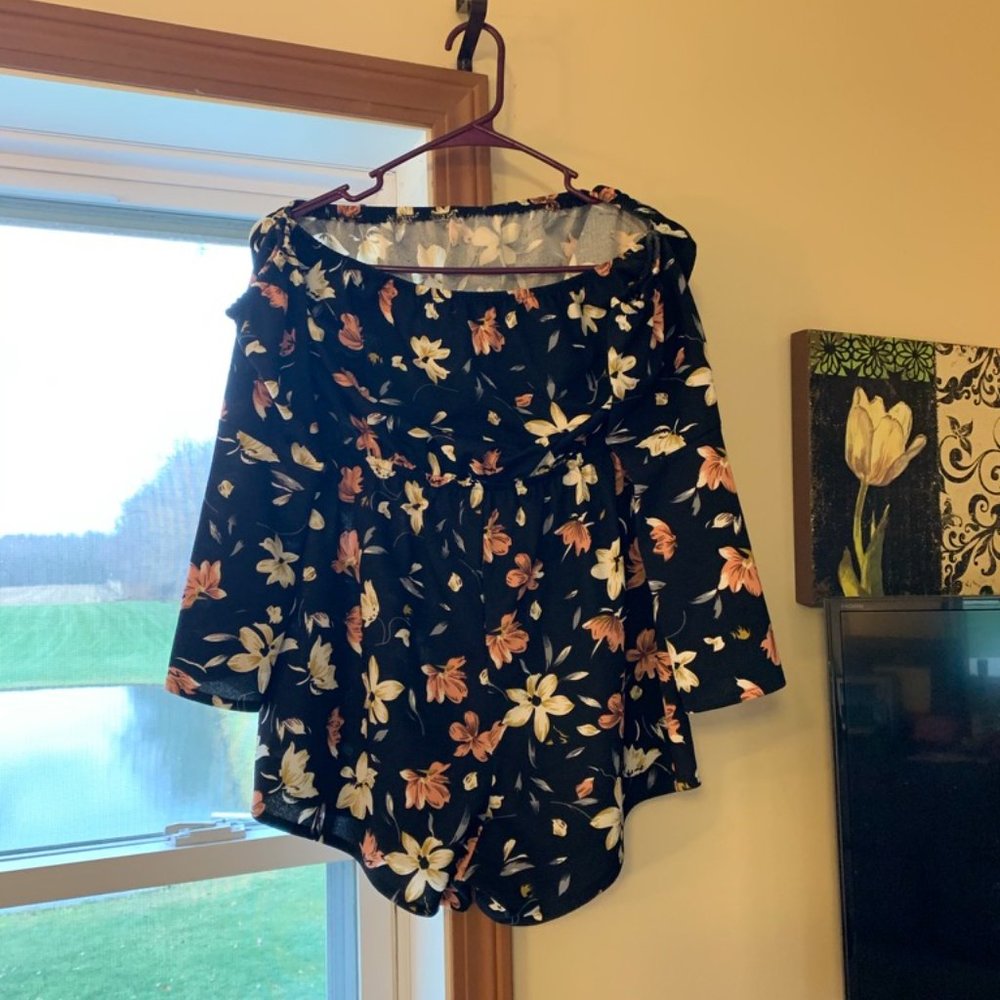 Shein long sleeved floral romper, off the shoulder